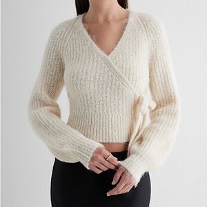 Express Fuzzy Ribbed Surplice Tie Sweater